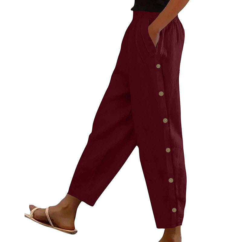 Women’s Casual Loose Fit Pants – Side Button Elastic Waist Trousers with Pockets