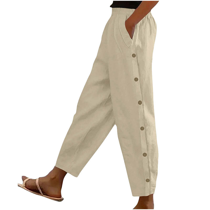 Women’s Casual Loose Fit Pants – Side Button Elastic Waist Trousers with Pockets
