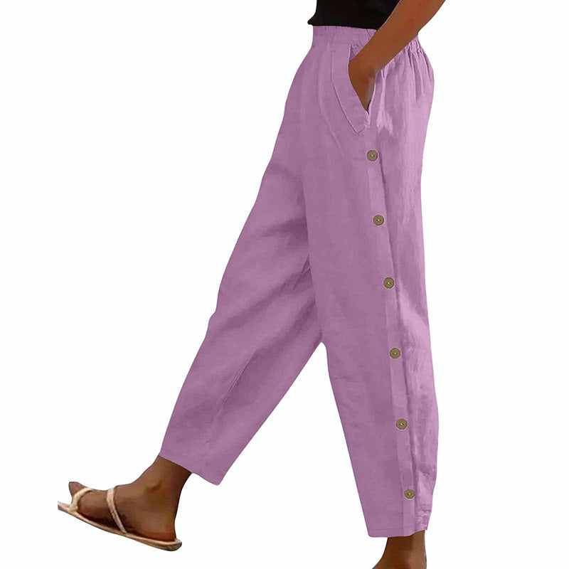 Women’s Casual Loose Fit Pants – Side Button Elastic Waist Trousers with Pockets