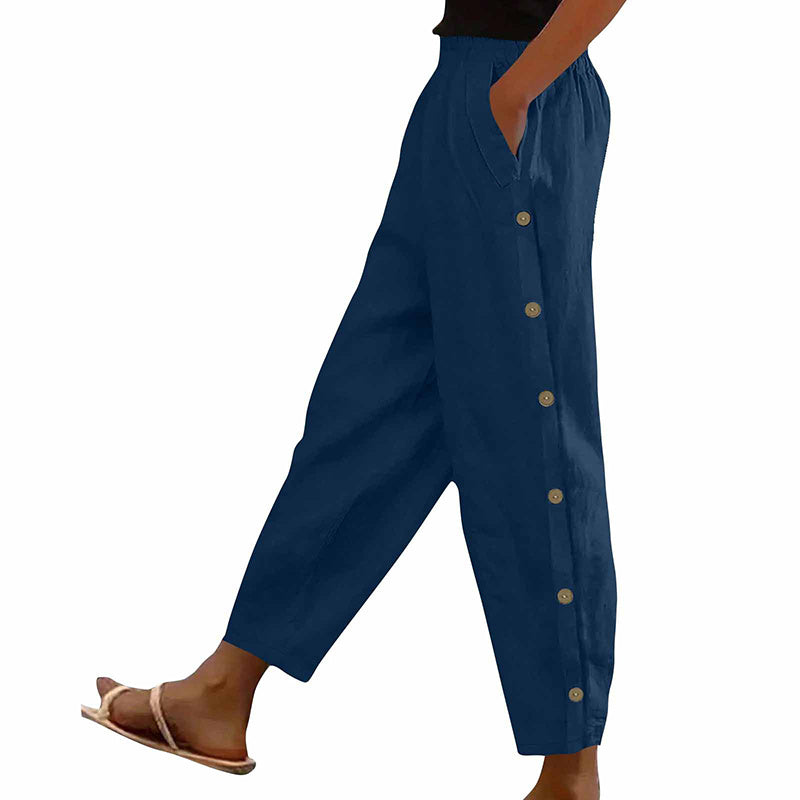 Women’s Casual Loose Fit Pants – Side Button Elastic Waist Trousers with Pockets
