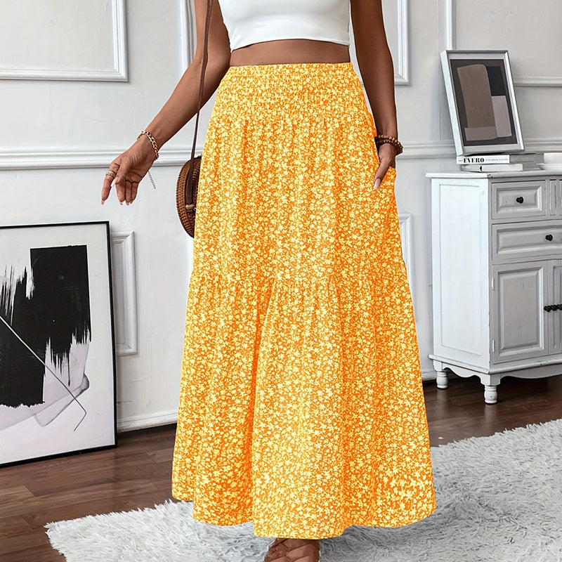 Boho Floral Maxi Skirt for Women β High Waist Pleated A-Line Summer Skirt
