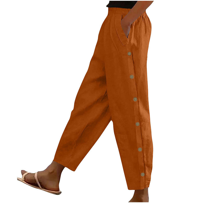Women’s Casual Loose Fit Pants – Side Button Elastic Waist Trousers with Pockets