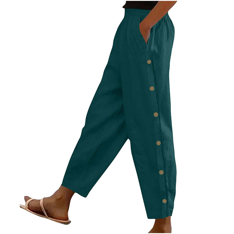 Women’s Casual Loose Fit Pants – Side Button Elastic Waist Trousers with Pockets