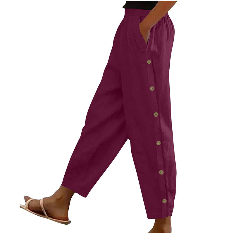 Women’s Casual Loose Fit Pants – Side Button Elastic Waist Trousers with Pockets