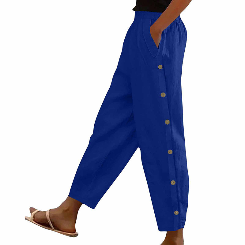 Women’s Casual Loose Fit Pants – Side Button Elastic Waist Trousers with Pockets