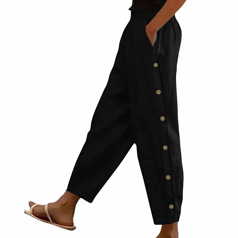 Women’s Casual Loose Fit Pants – Side Button Elastic Waist Trousers with Pockets