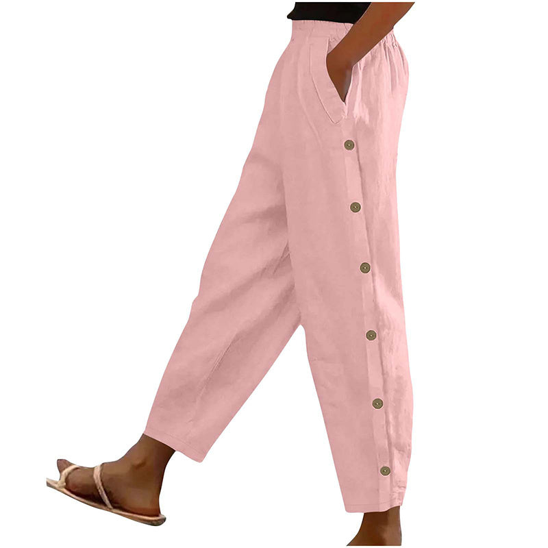 Women’s Casual Loose Fit Pants – Side Button Elastic Waist Trousers with Pockets