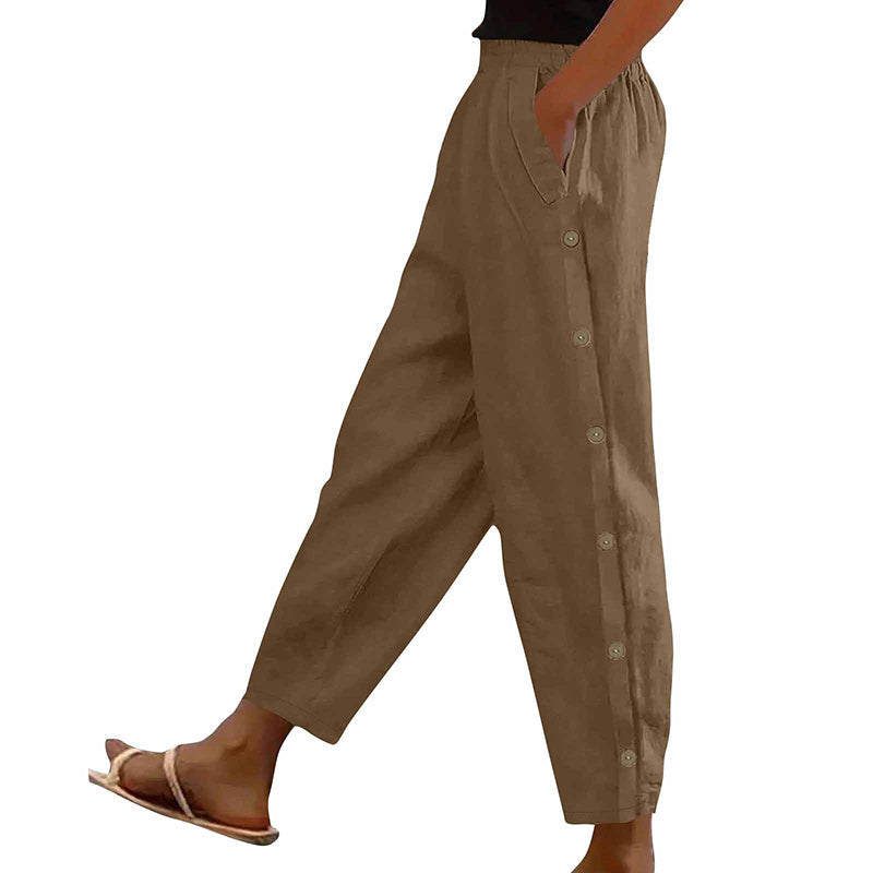 Women’s Casual Loose Fit Pants – Side Button Elastic Waist Trousers with Pockets