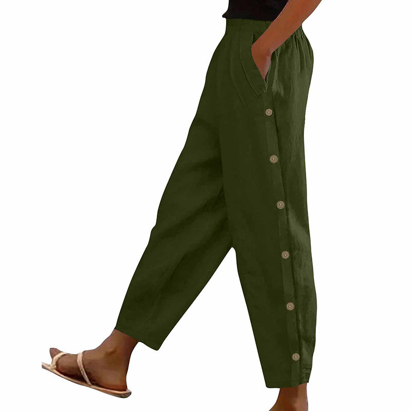 Women’s Casual Loose Fit Pants – Side Button Elastic Waist Trousers with Pockets