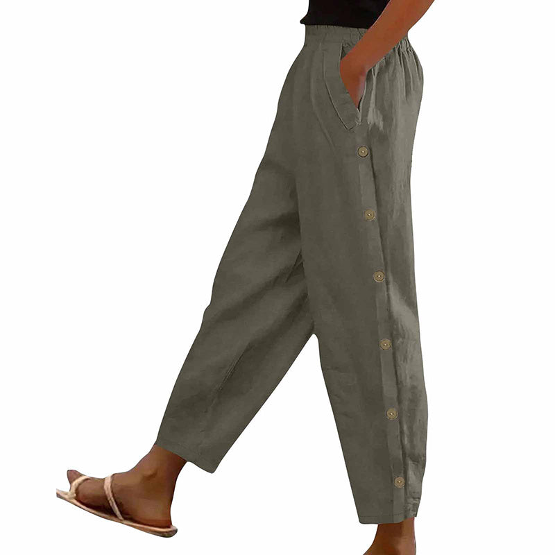 Women’s Casual Loose Fit Pants – Side Button Elastic Waist Trousers with Pockets