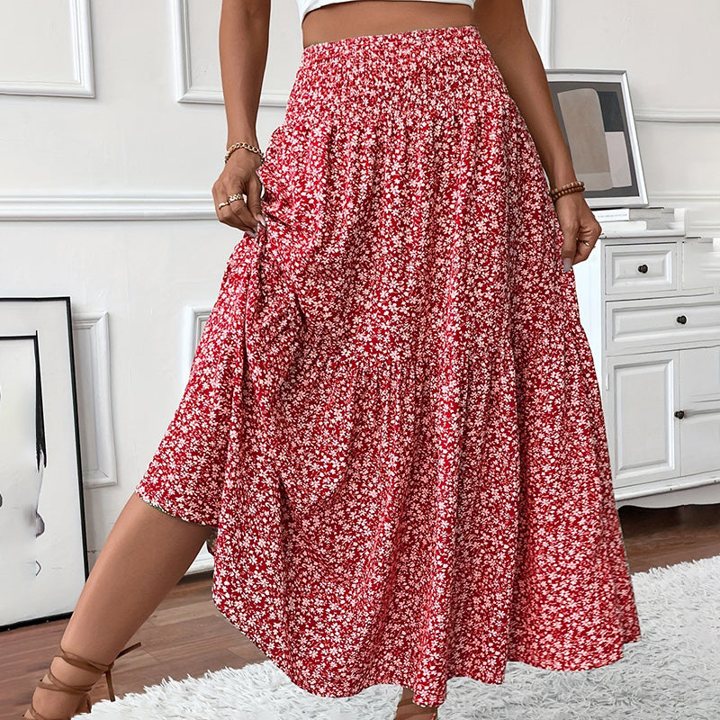 Boho Floral Maxi Skirt for Women – High Waist Pleated A-Line Summer Skirt