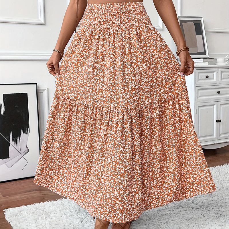 Boho Floral Maxi Skirt for Women – High Waist Pleated A-Line Summer Skirt