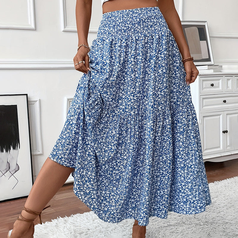 Boho Floral Maxi Skirt for Women – High Waist Pleated A-Line Summer Skirt