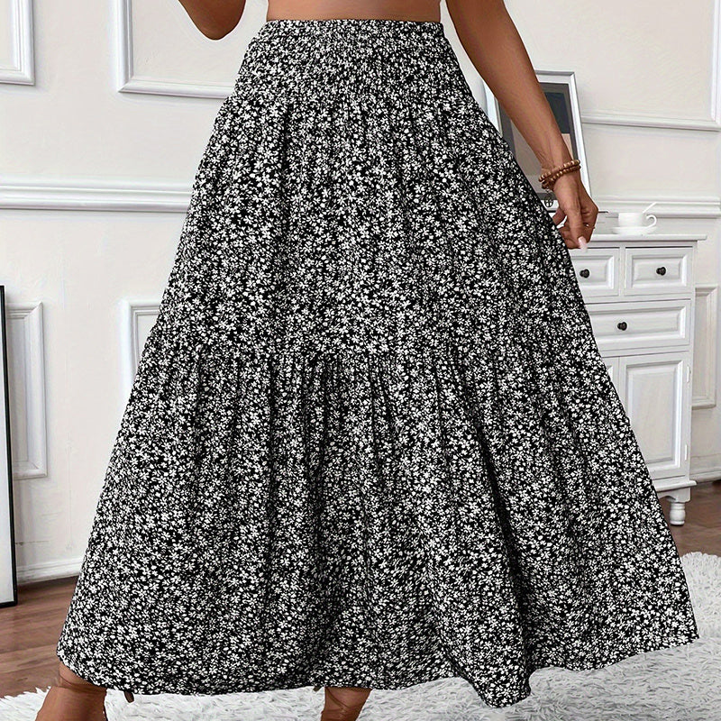 Boho Floral Maxi Skirt for Women – High Waist Pleated A-Line Summer Skirt