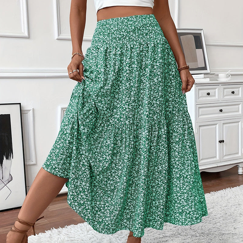 Boho Floral Maxi Skirt for Women – High Waist Pleated A-Line Summer Skirt