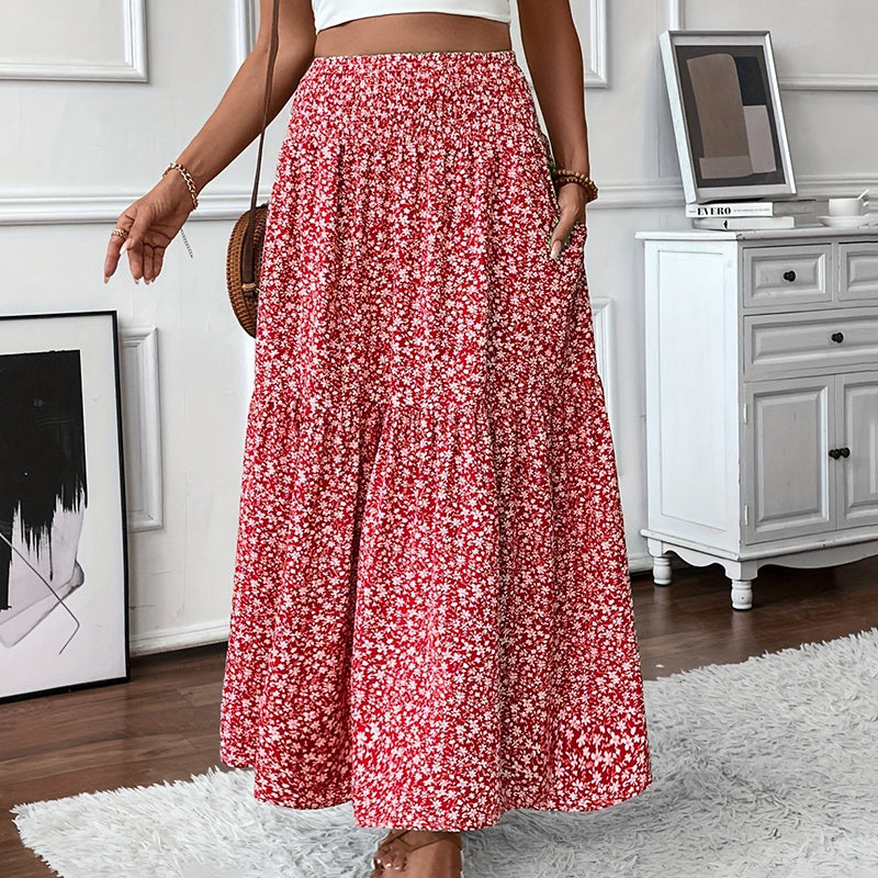 Boho Floral Maxi Skirt for Women – High Waist Pleated A-Line Summer Skirt