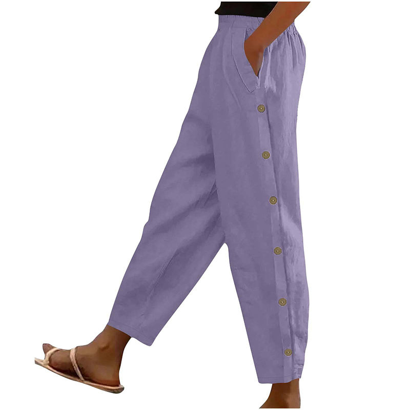 Women’s Casual Loose Fit Pants – Side Button Elastic Waist Trousers with Pockets